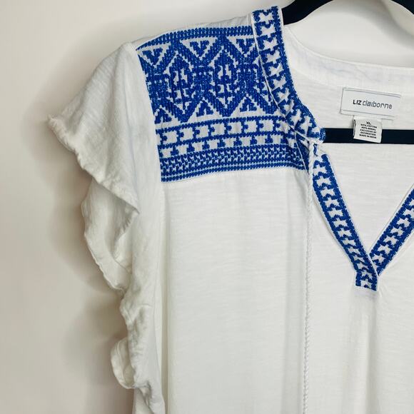 Liz Claiborne White Blue Embroidered Top Flutter Sleeve Sz XL - Picture 9 of 9
